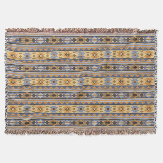 Southwest Design Gold Blue Grey Tribal Patroon Deken (Voorkant)