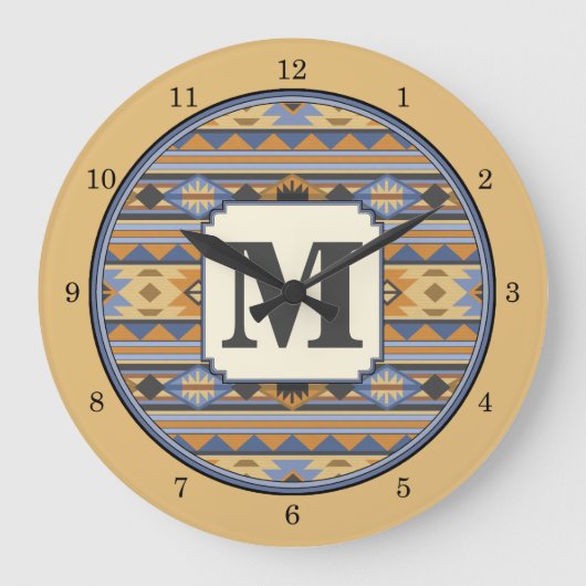 Southwest Design Gold Blue Grey Tribal Patroon Grote Klok (Voorkant)