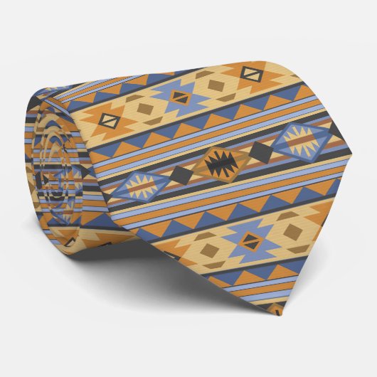 Southwest Design Gold Blue Grey Tribal Patroon Stropdas (Opgerold)