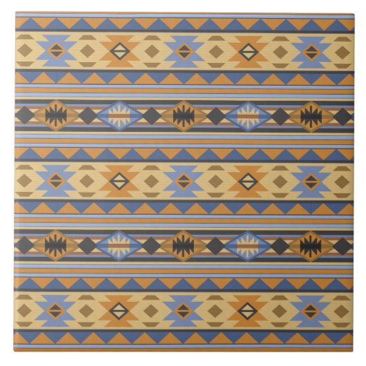 Southwest Design Gold Blue Grey Tribal Patroon Tegeltje (Voorkant)