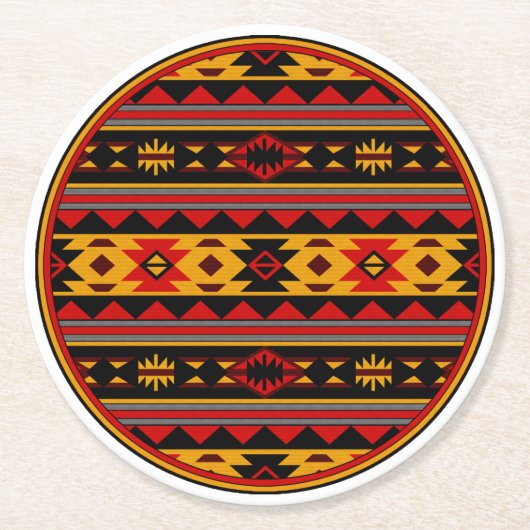 Southwest Design Red Black Gold Tribal Patroon Ronde Kartonnen Onderzetter (Voorkant)