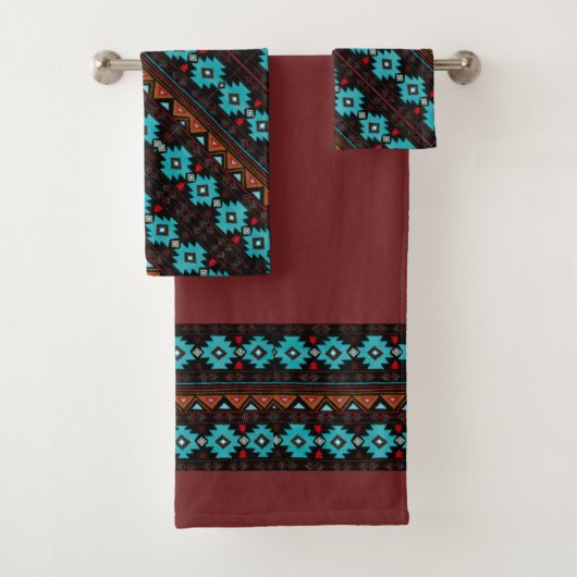 Southwest Design Turquoise, Browns, Reds op een Bad Handdoek (Insitu)