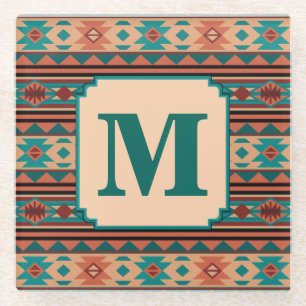 Southwest Design Turquoise Terracotta Monogram Glazen Onderzetter