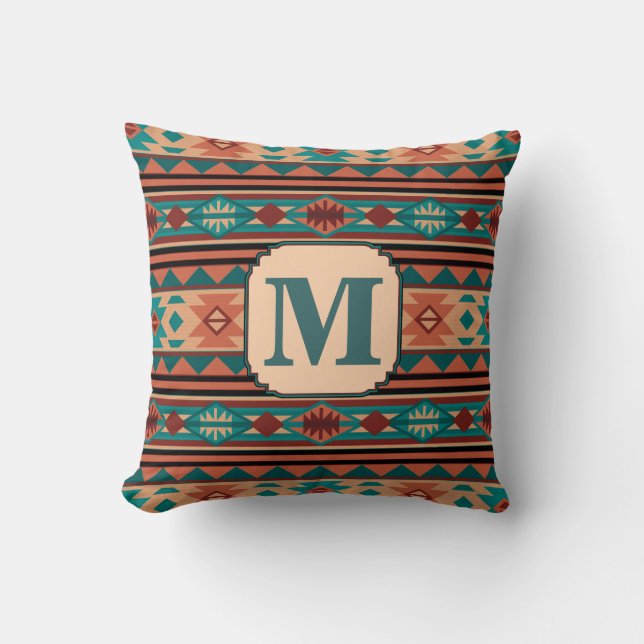Southwest Design Turquoise Terracotta Monogram Kussen (Voorkant)
