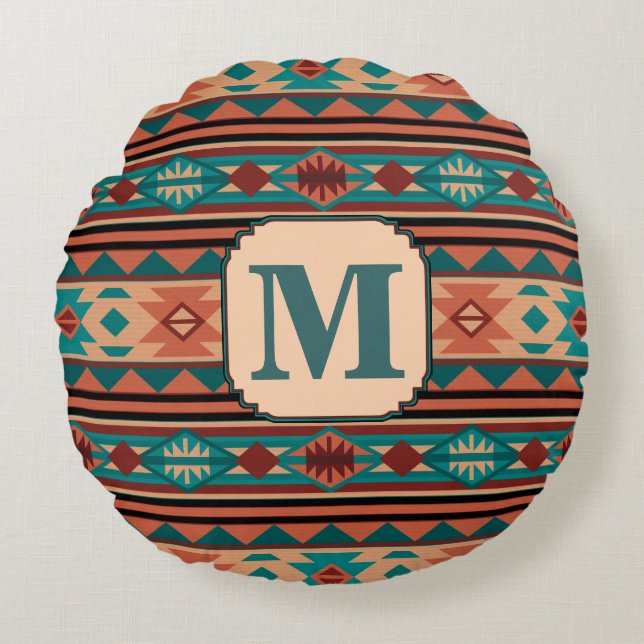 Southwest Design Turquoise Terracotta Monogram Rond Kussen (Voorkant)
