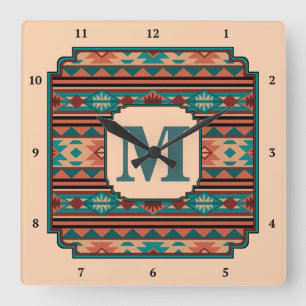 Southwest Design Turquoise Terracotta Monogram Vierkante Klok