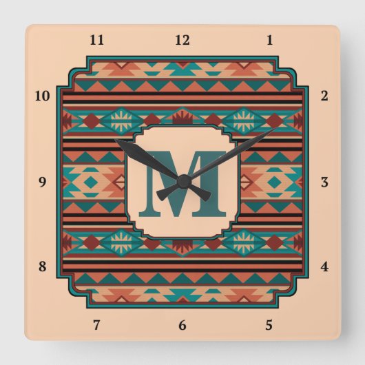 Southwest Design Turquoise Terracotta Monogram Vierkante Klok (Voorkant)