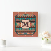 Southwest Design Turquoise Terracotta Monogram Vierkante Klok (Huis)
