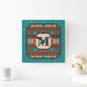 Southwest Design Turquoise Terracotta Monogram Vierkante Klok (Huis)