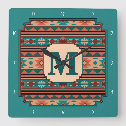 Southwest Design Turquoise Terracotta Monogram Vierkante Klok (Voorkant)