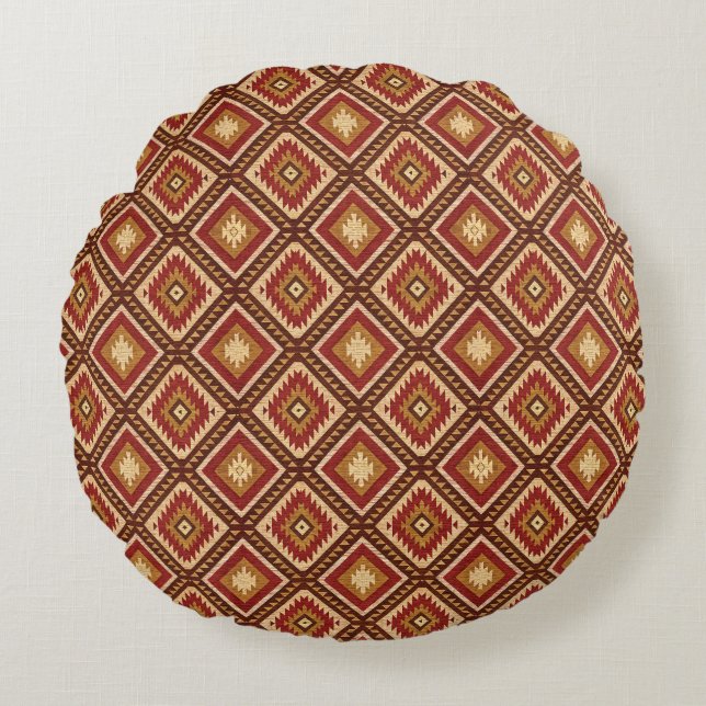 Southwest Diamond Rust Red & Beige Navajo Style Rond Kussen (Voorkant)