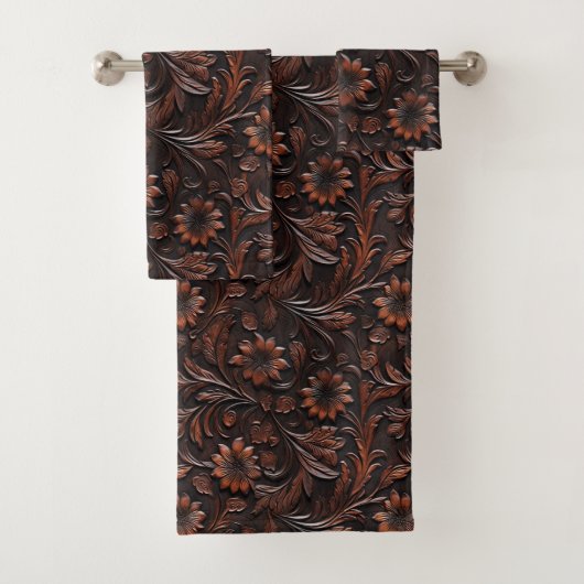 Southwest Faux Brown Leather Koeienhuid Flowers Bad Handdoek (Insitu)