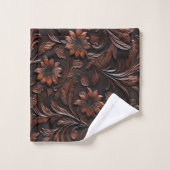 Southwest Faux Brown Leather Koeienhuid Flowers Bad Handdoek (Wasdoekje)