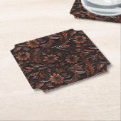 Southwest Faux Brown Leather Koeienhuid Flowers Kartonnen Onderzetters (Gekanteld)