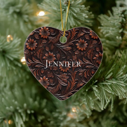 Southwest Faux Brown Leather Koeienhuid Flowers Na Keramisch Ornament (Boom)