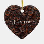 Southwest Faux Brown Leather Koeienhuid Flowers Na Keramisch Ornament (Voorkant)