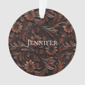 Southwest Faux Brown Leather Koeienhuid Flowers Na Ornament (voorkant)