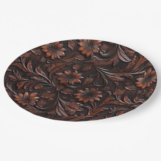Southwest Faux Brown Leather Koeienhuid Flowers Papieren Bordje (Gekanteld)