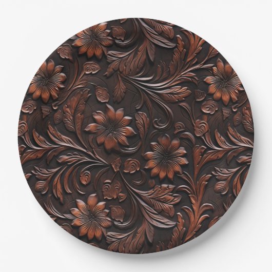Southwest Faux Brown Leather Koeienhuid Flowers Papieren Bordje (Voorkant)