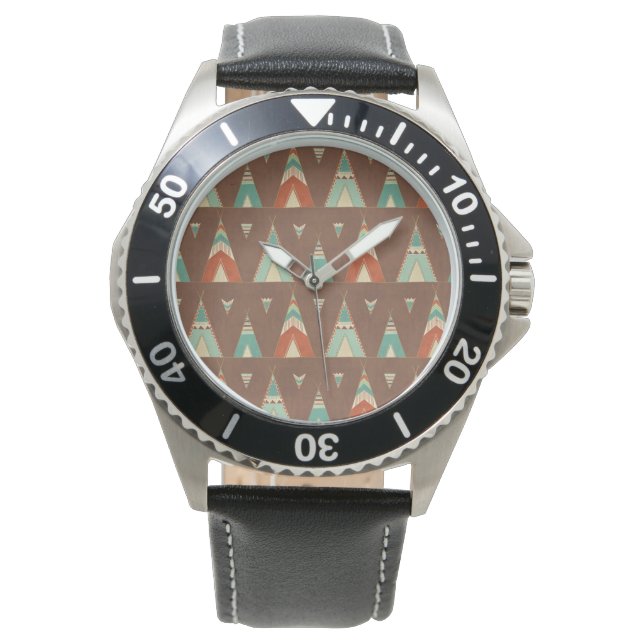 Southwest Geo Step | Blauwgroen theepatroon Horloge (Voorkant)