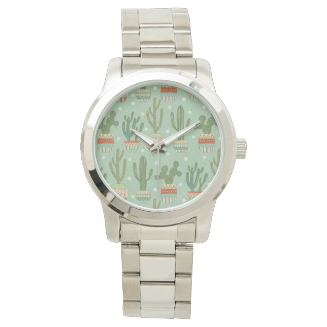 Southwest Geo Step | Potted Cactus Pattern Horloge (Voorkant)