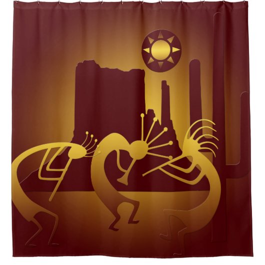 Southwest Kokopelli in Bourgogne en Gold Douchegordijn (Voorkant)