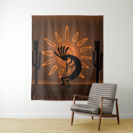 Southwest Kokopelli Sun Rustic XL Tapestry Wandkleed (In situ)