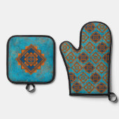 Southwest Mountain Peaks Turquoise Geometric Ovenwant & Pannenlap Set (Voorkant)