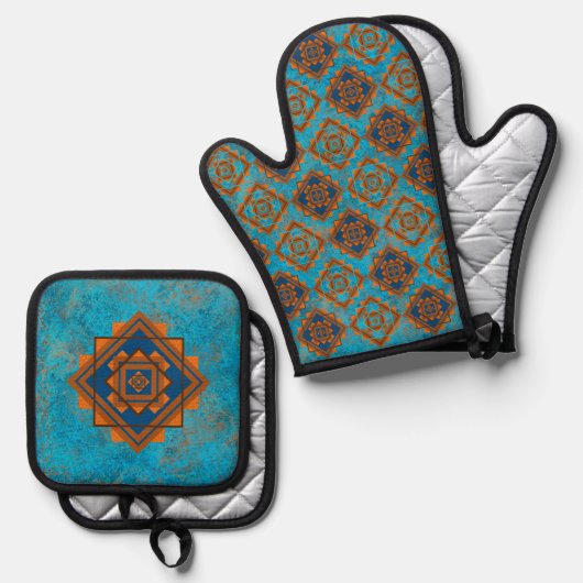 Southwest Mountain Peaks Turquoise Geometric Ovenwant & Pannenlap Set (Voorkant / Achterkant)