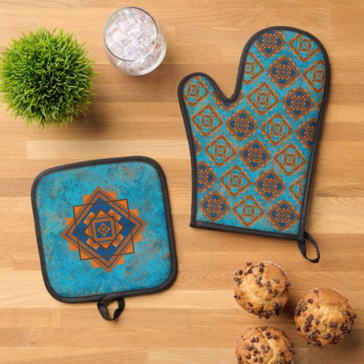 Southwest Mountain Peaks Turquoise Geometric Ovenwant & Pannenlap Set (Top down)