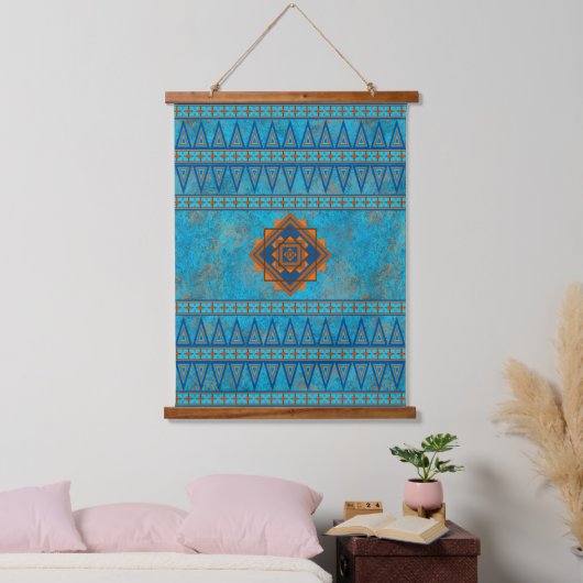 Southwest Mountain Peaks Turquoise Geometric Print Hangend Wandkleed (Slaapkamer)