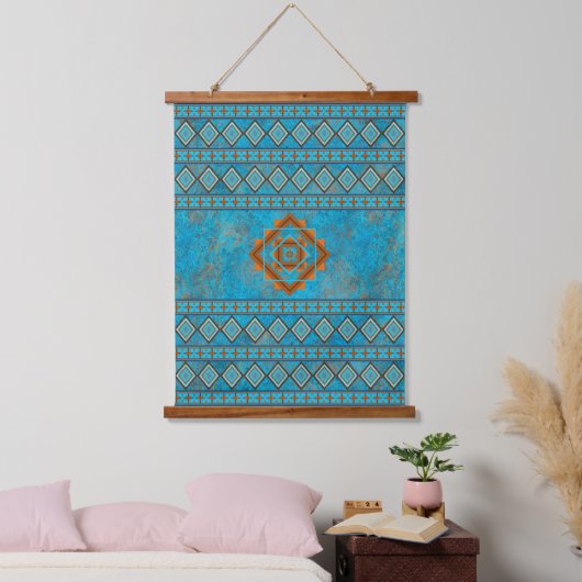 Southwest Mountain Peaks Turquoise Geometric Print Hangend Wandkleed (Slaapkamer)