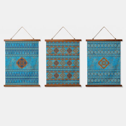 Southwest Mountain Peaks Turquoise Geometric Set Hangend Wandkleed (Driedubbel)