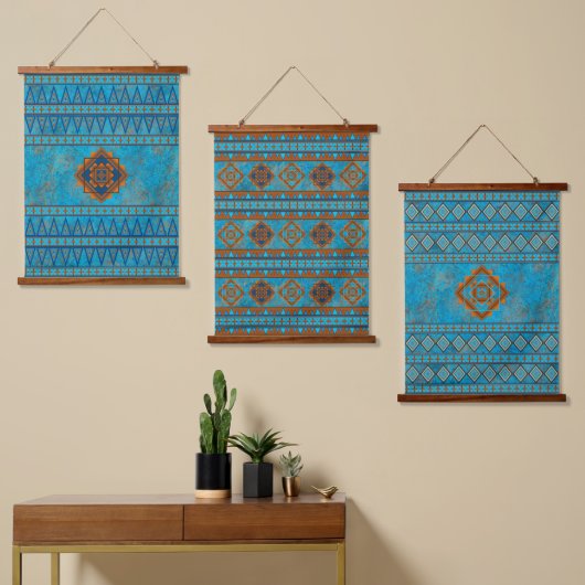 Southwest Mountain Peaks Turquoise Geometric Set Hangend Wandkleed (Asymmetrisch)