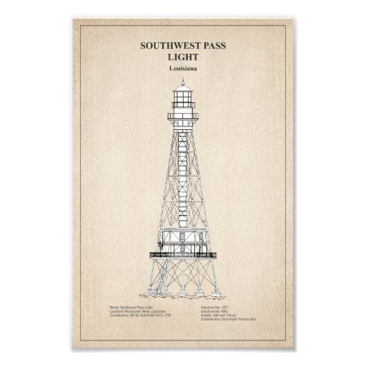 Southwest Pass Vuurtoren - Louisiana - SBD Foto Afdruk (Voorkant)