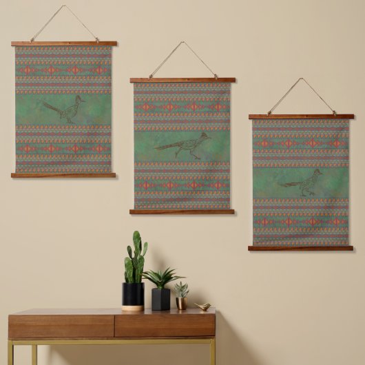 Southwest Roadrunner Sagebrush Green Geometric Set Hangend Wandkleed (Asymmetrisch)