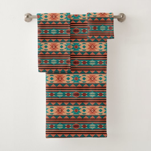 Southwest Tribal Pattern Turquoise Terracotta Bad Handdoek (Insitu)