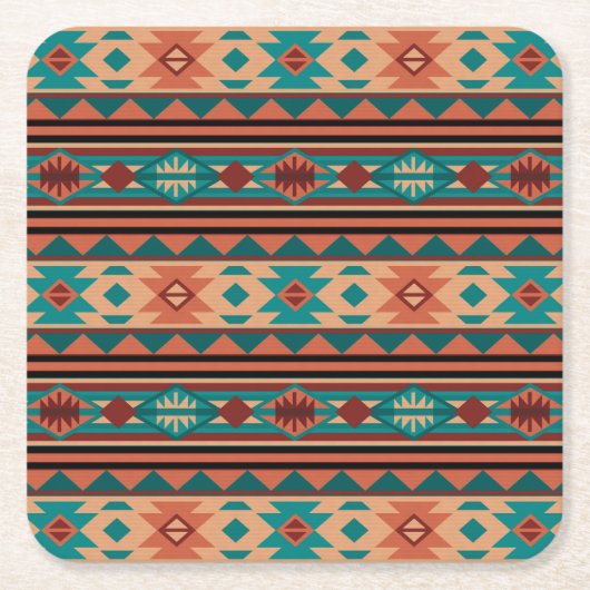 Southwest Tribal Pattern Turquoise Terracotta Kartonnen Onderzetters (Voorkant)