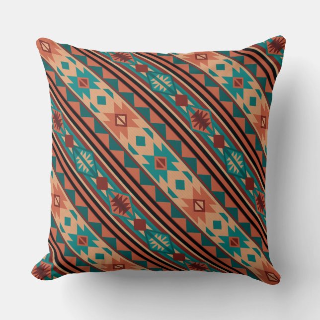 Southwest Tribal Pattern Turquoise Terracotta Kussen (Voorkant)