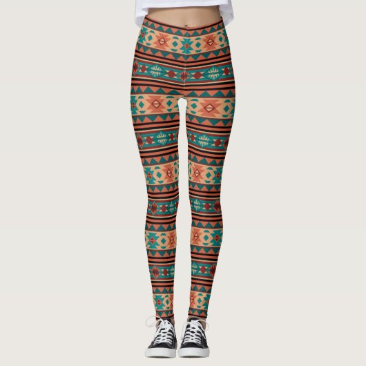 Southwest Tribal Pattern Turquoise Terracotta Leggings (Voorkant)