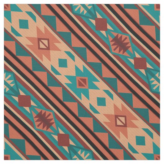 Southwest Tribal Pattern Turquoise Terracotta Stof (Swatch)