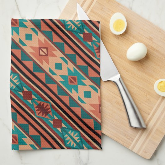 Southwest Tribal Pattern Turquoise Terracotta Theedoek (Quarter Fold)