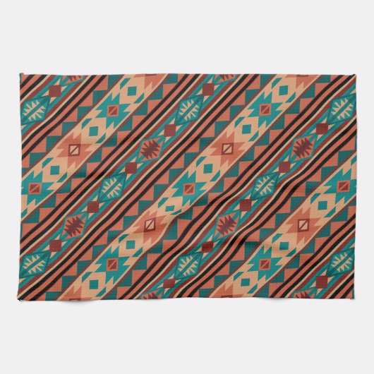 Southwest Tribal Pattern Turquoise Terracotta Theedoek (Horizontaal)