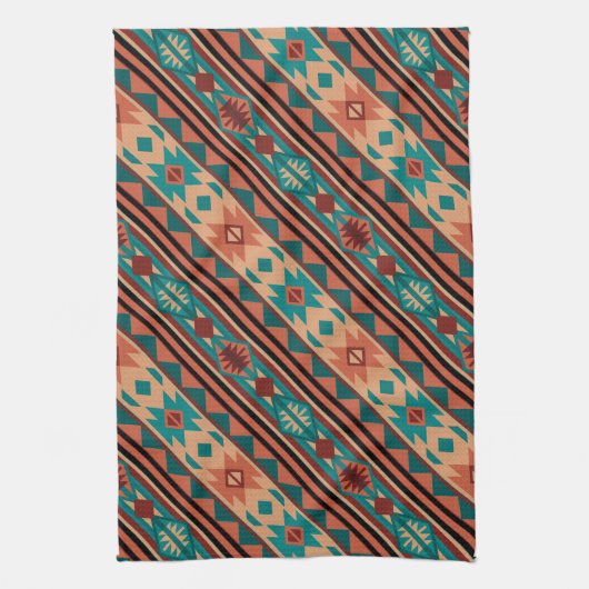 Southwest Tribal Pattern Turquoise Terracotta Theedoek (Verticaal)