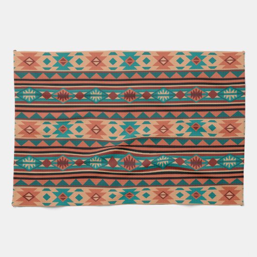 Southwest Tribal Pattern Turquoise Terracotta Theedoek (Horizontaal)
