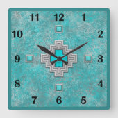 Southwest Turquoise Stone Geometric Basic Numbers Vierkante Klok (Voorkant)