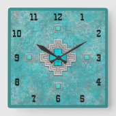 Southwest Turquoise Stone Geometric Western Style Vierkante Klok (Voorkant)