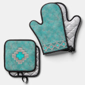 Southwest Turquoise Stones Geometric Pattern Ovenwant & Pannenlap Set (Voorkant / Achterkant)