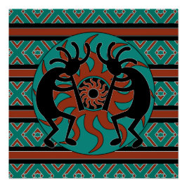 Southwest Turquoise Tribal Sun Kokopelli Perfect Poster