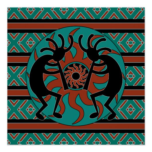Southwest Turquoise Tribal Sun Kokopelli Perfect Poster (Voorkant)